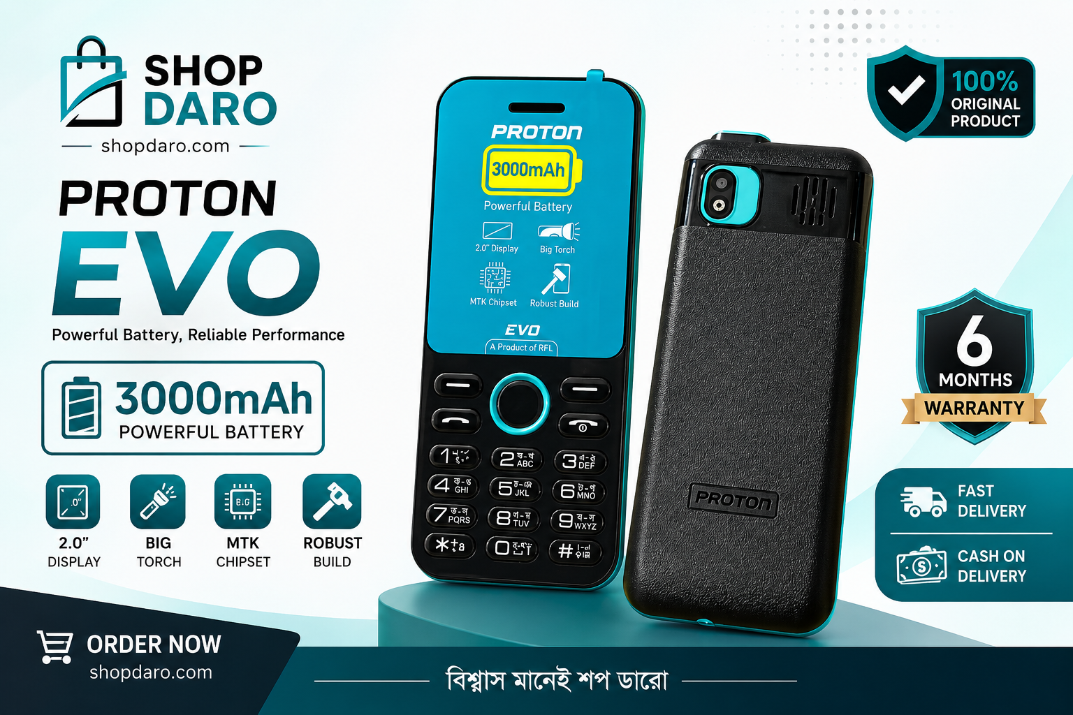Proton EVO Feature Phone – 3000mAh Powerful Battery | Big Torch | 2.0″ Display | Original Product