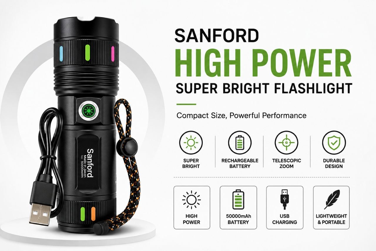 Sanford High Power Rechargeable LED Flashlight – Super Bright USB Torch with Zoom
