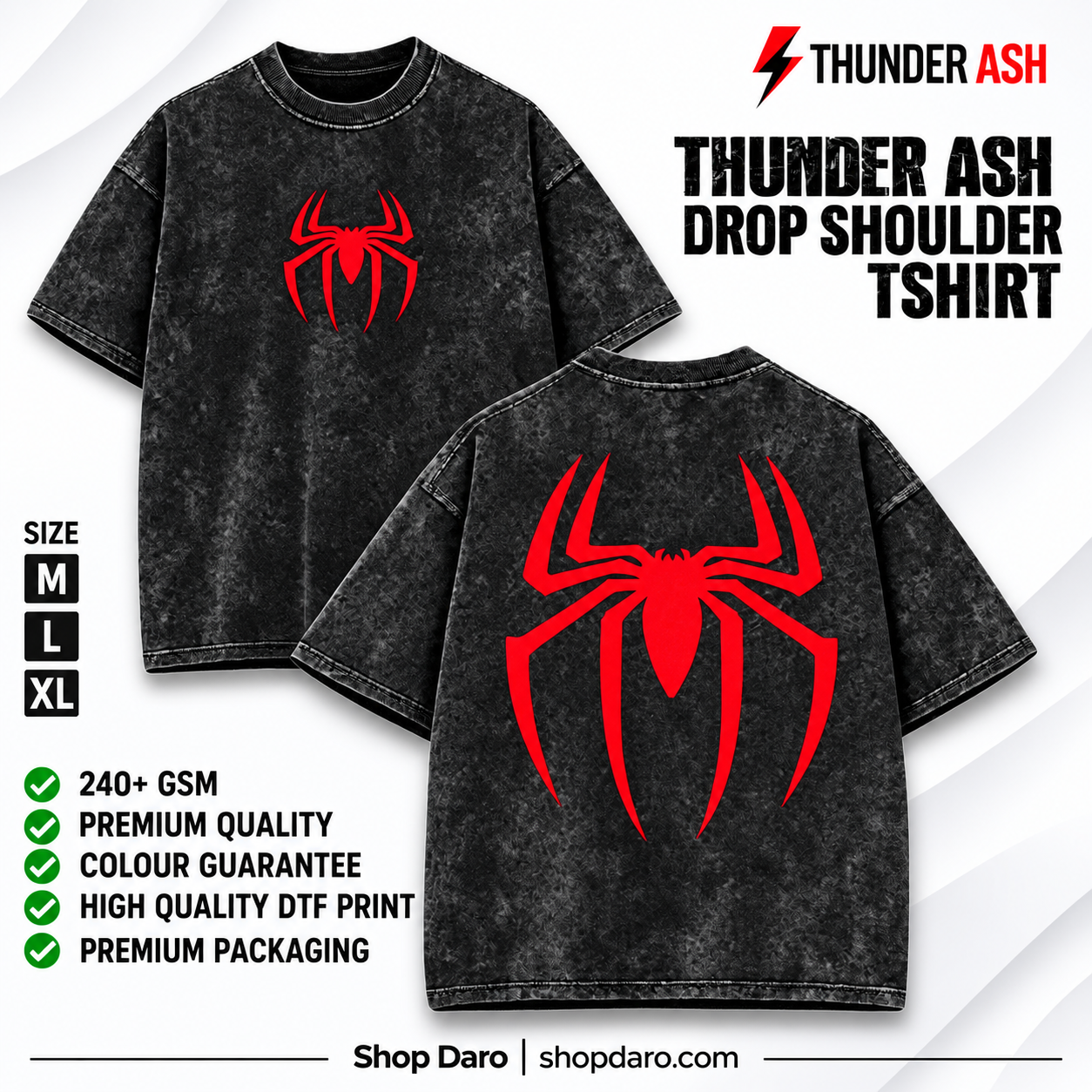 Thunder Ash Drop Shoulder T-Shirt | Black Spider Print Oversized Tee – Shop Daro